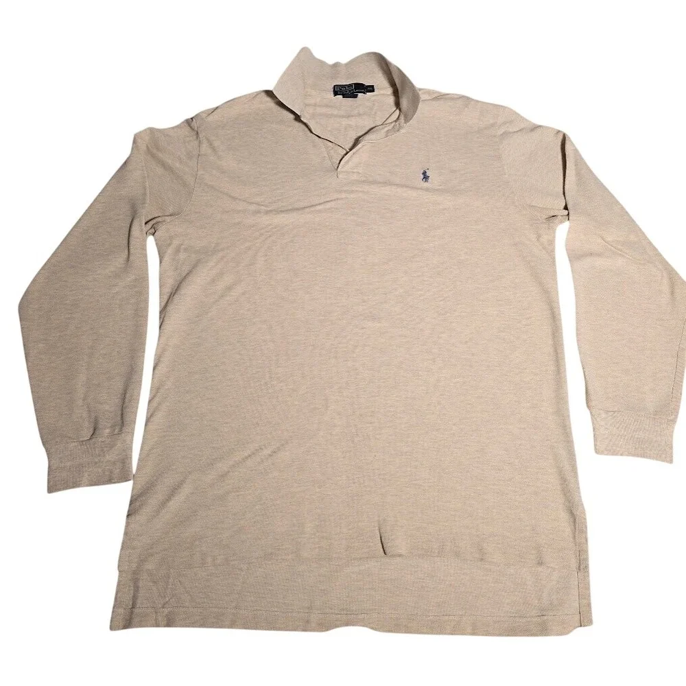 Polo Ralph Lauren Mens XL Long Sleeve Polo Shirt Tan Beige Cotton Pique Pony